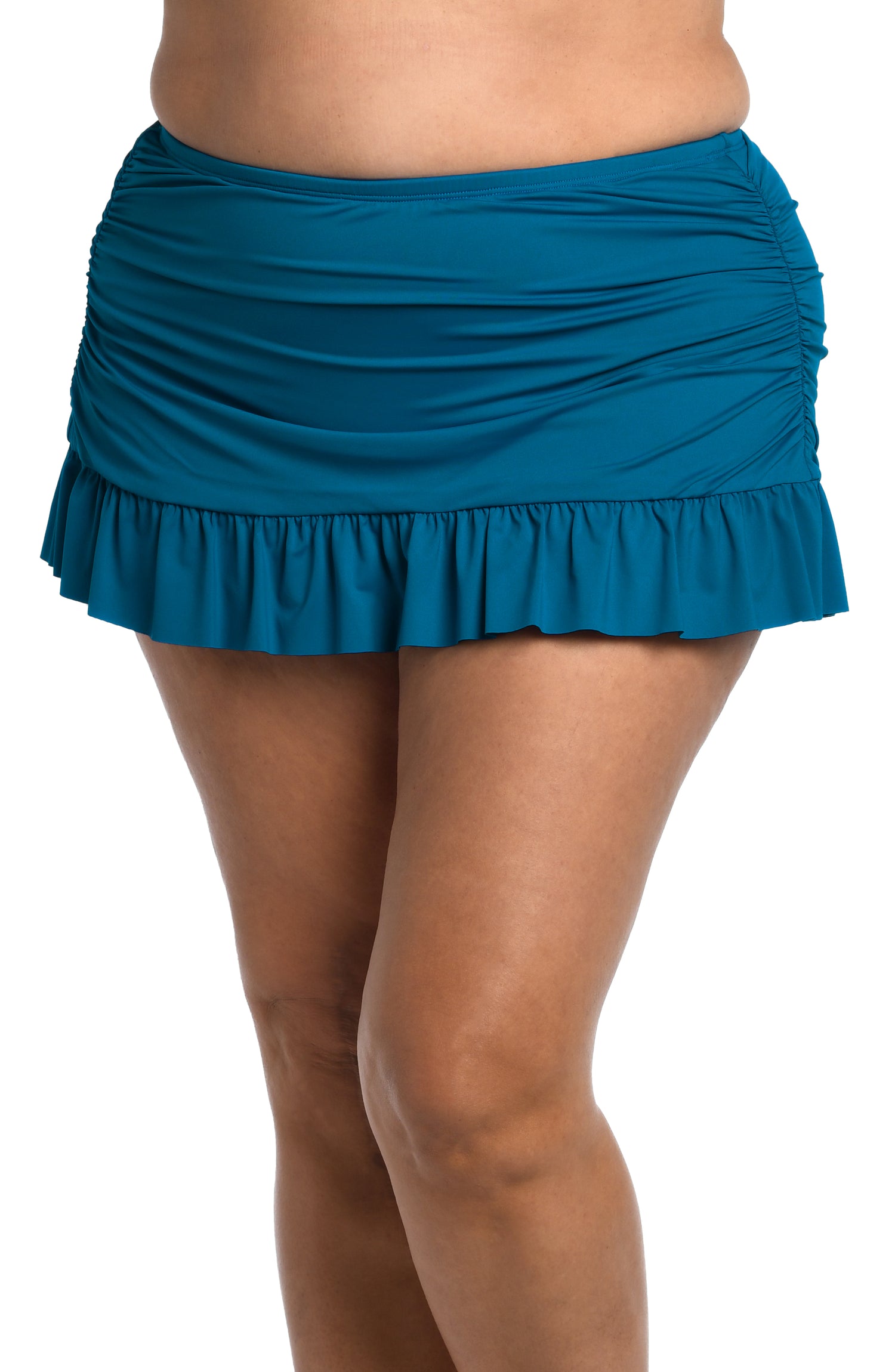 Model is wearing a ocean colored skirted hipster swimsuit bottom from our Best-Selling Island Goddess collection.
