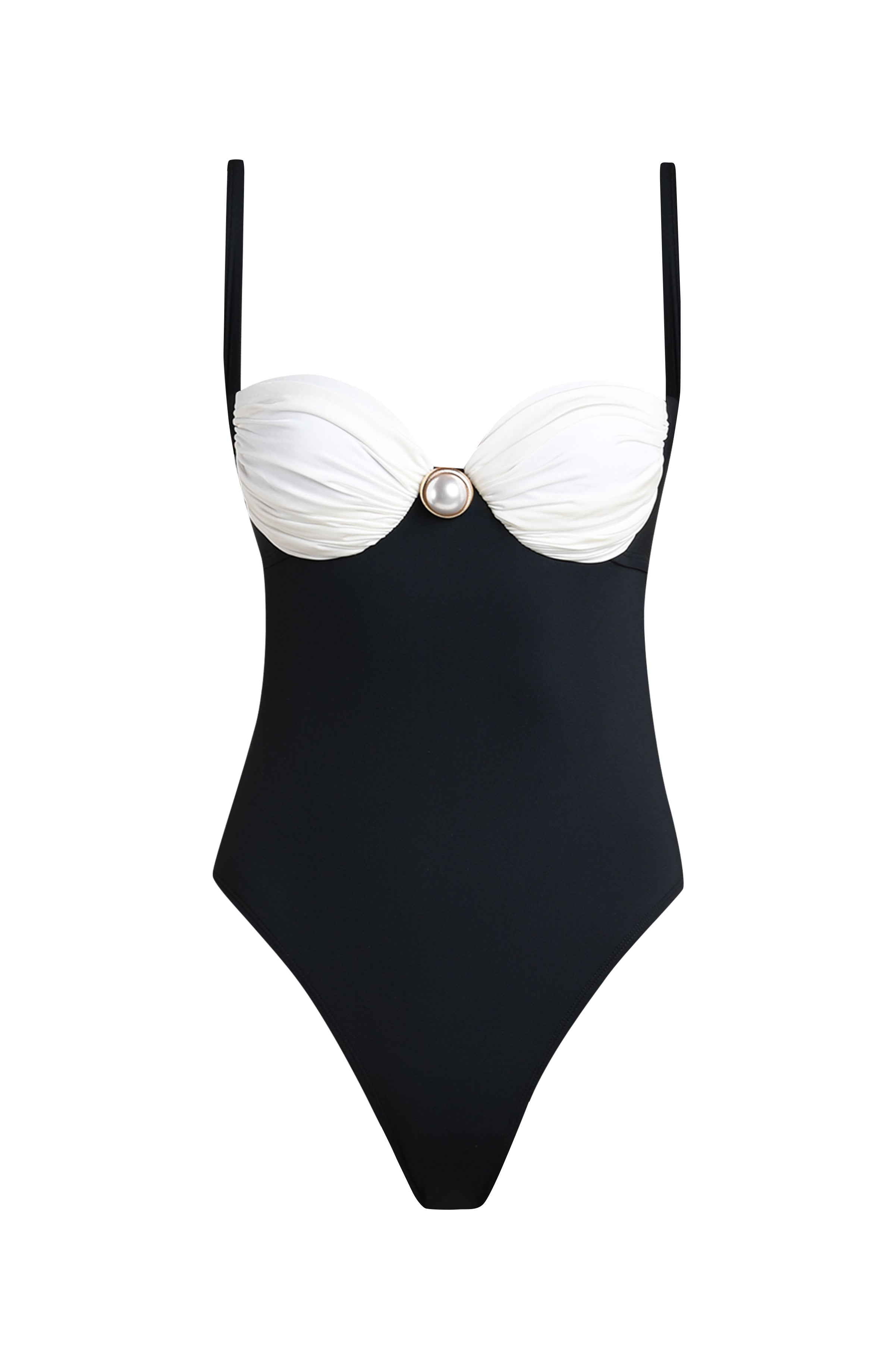 A floating image of a two-toned one piece swimsuit against a white background. 