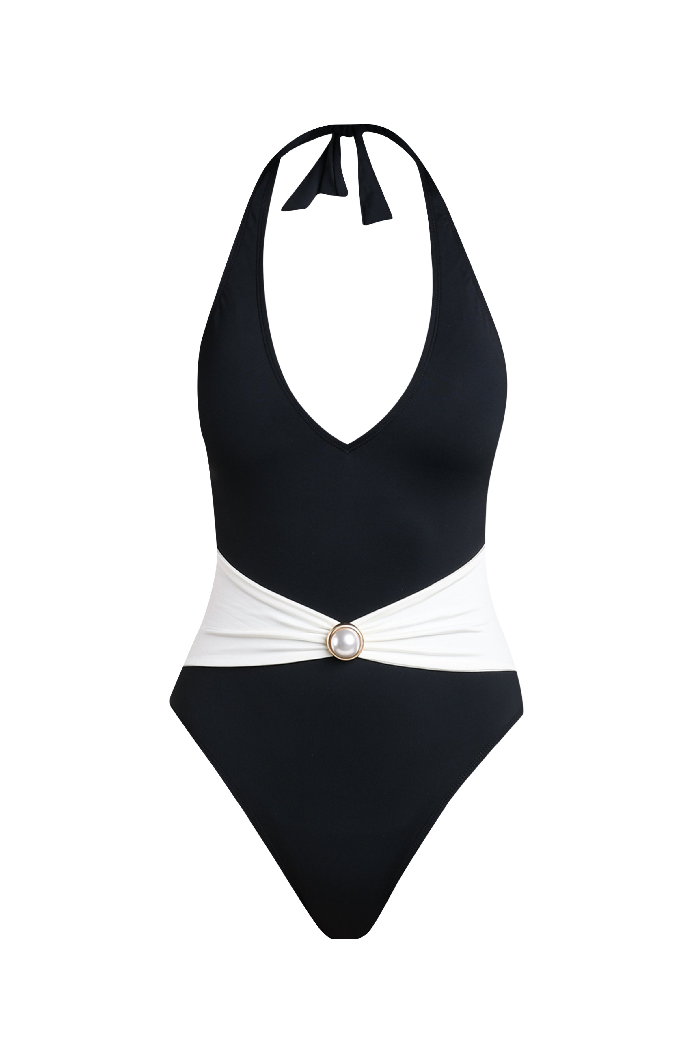 A floating image of a two toned one piece swimsuit against a white background. 