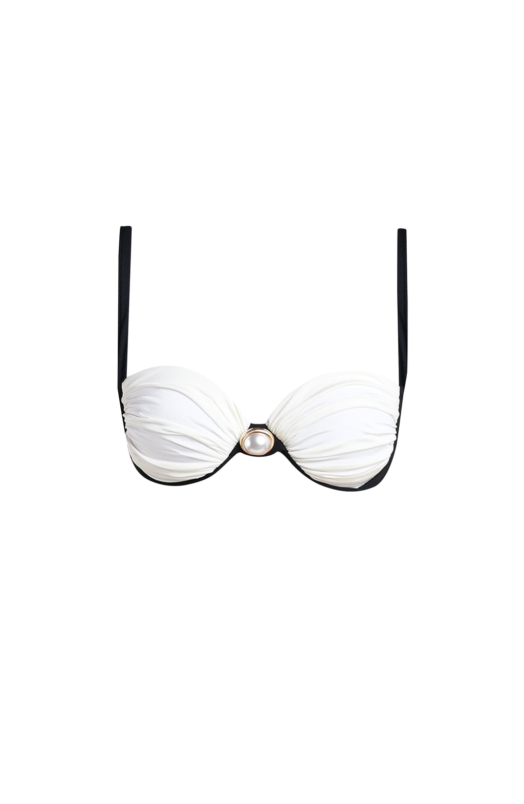 A floating image of a two toned bikini top against a white background. 