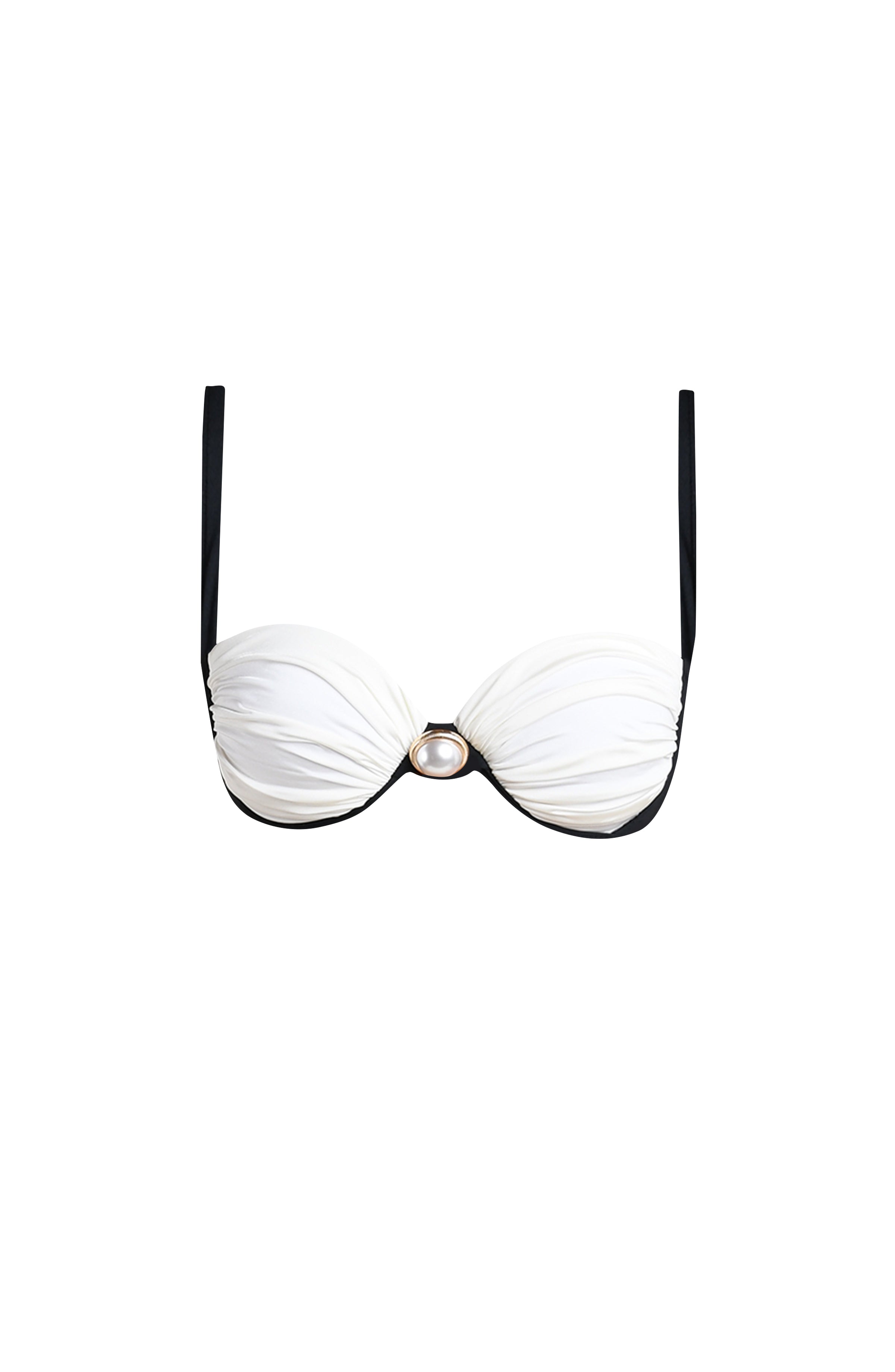 A floating image of a two toned bikini top against a white background. 