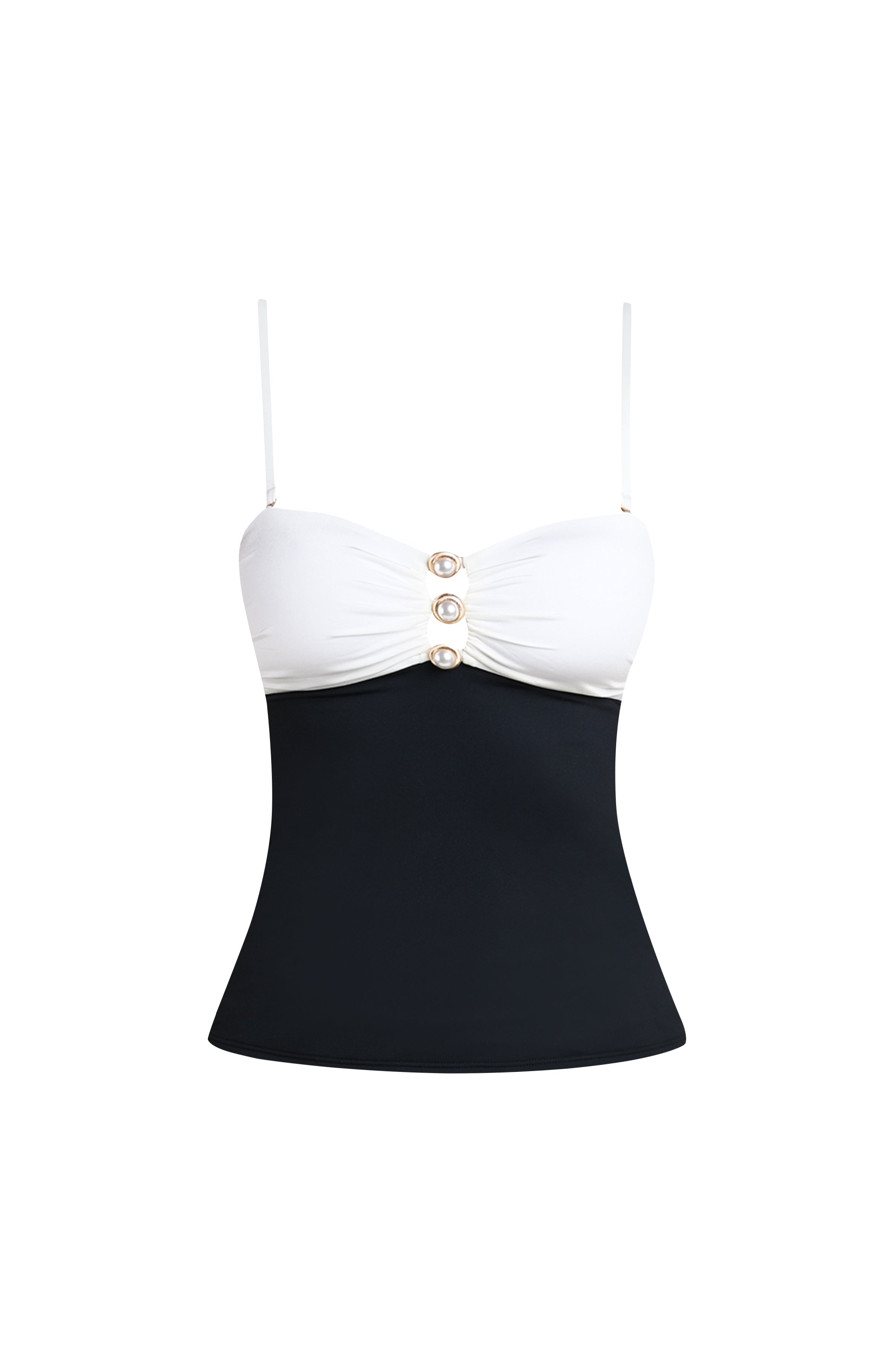 A floating image of a two toned tankini top against a white background. 