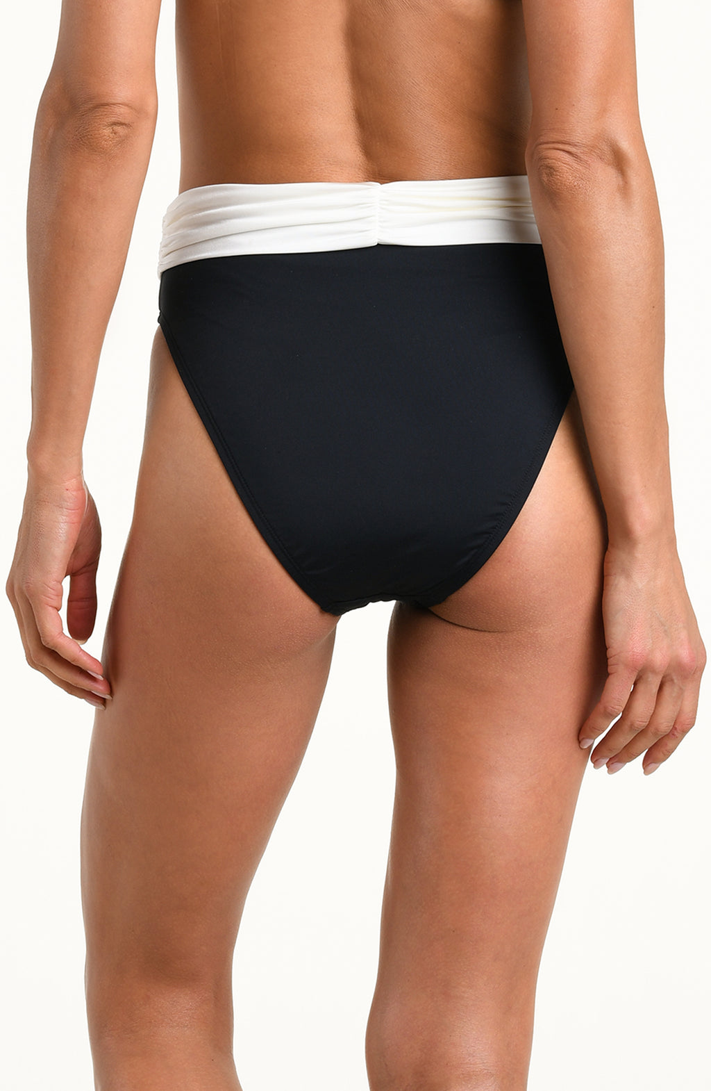 Rear view of a model wearing high-waisted black bikini bottoms with a contrasting white ruched waistband, set against a plain white background.