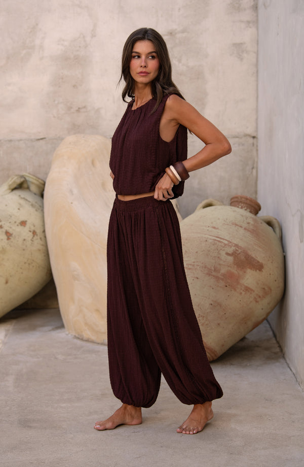 Woman wearing a java brown colored sleeveless top and matching pants against a light brown background. 