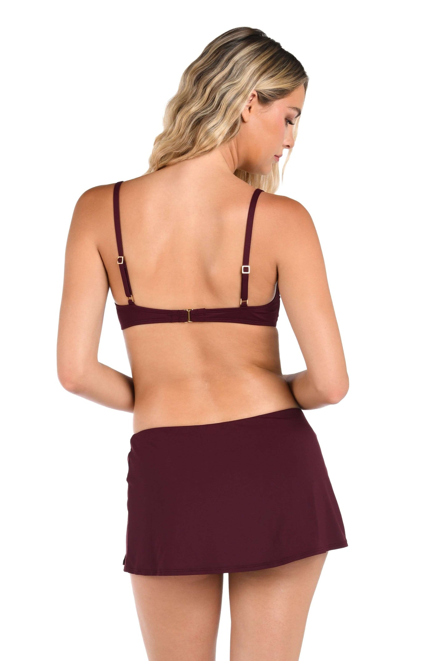 
                  
                    Model is wearing an Island Goddess Over the Shoulder Wrap Top in Dark Cherry.
                  
                