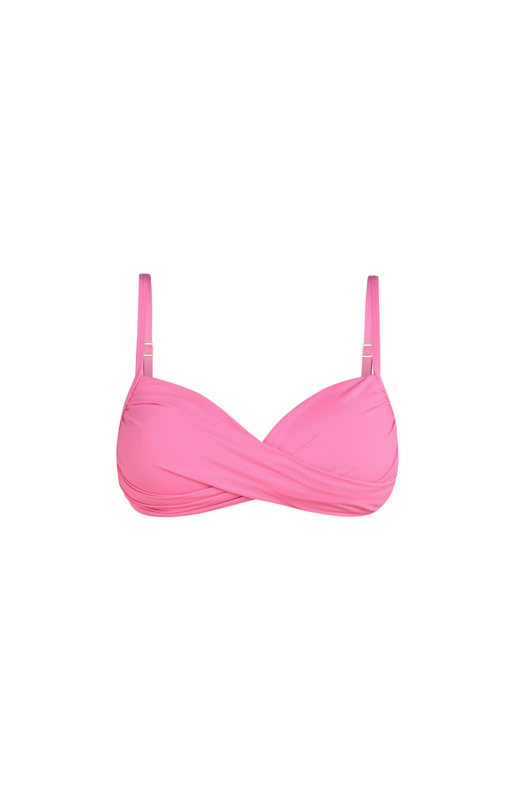 Floating image of a rose pink colored bikini top with adjustable thin straps and a wrap-style front. 