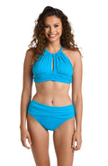 Model is wearing a multicolored Island Goddess High Neck Midkini Bikini Swimsuit Top