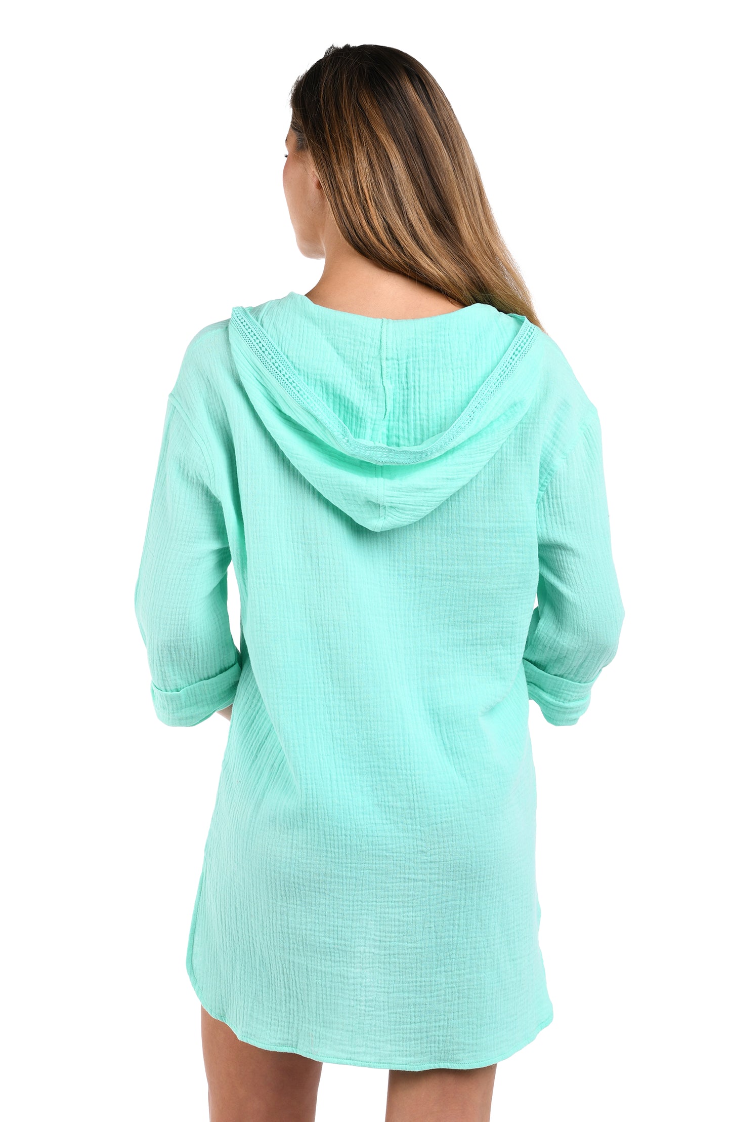 Back image of model wearing the Seaside Covers Hoodie in Seabreeze