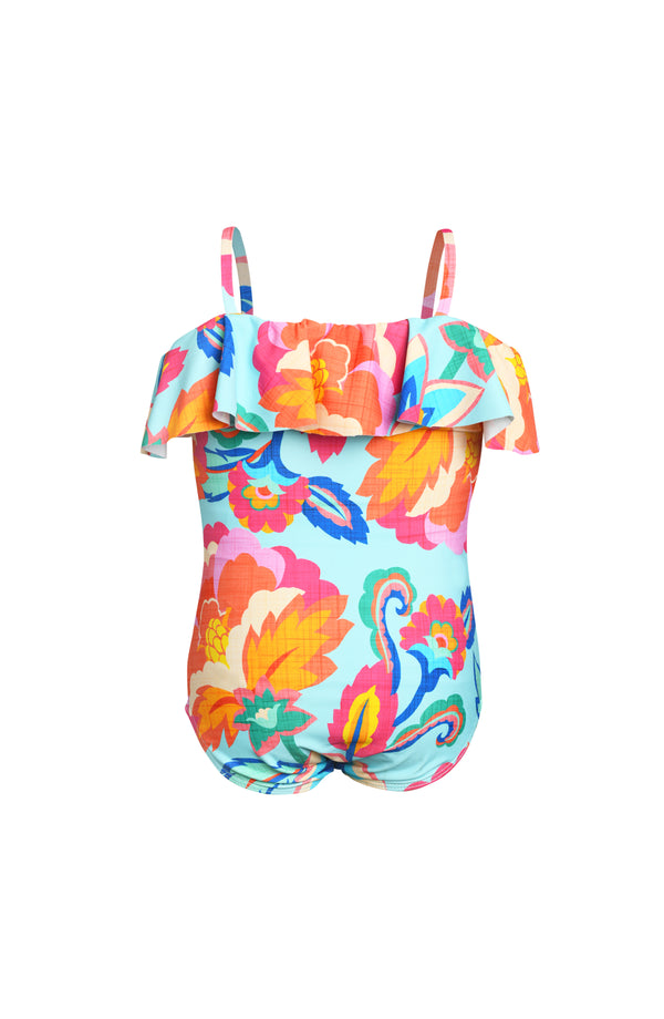 Colorful floral swimsuit with a hood on a white background