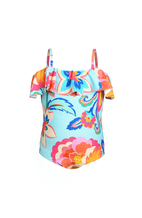 Colorful floral-patterned swimsuit on a white background