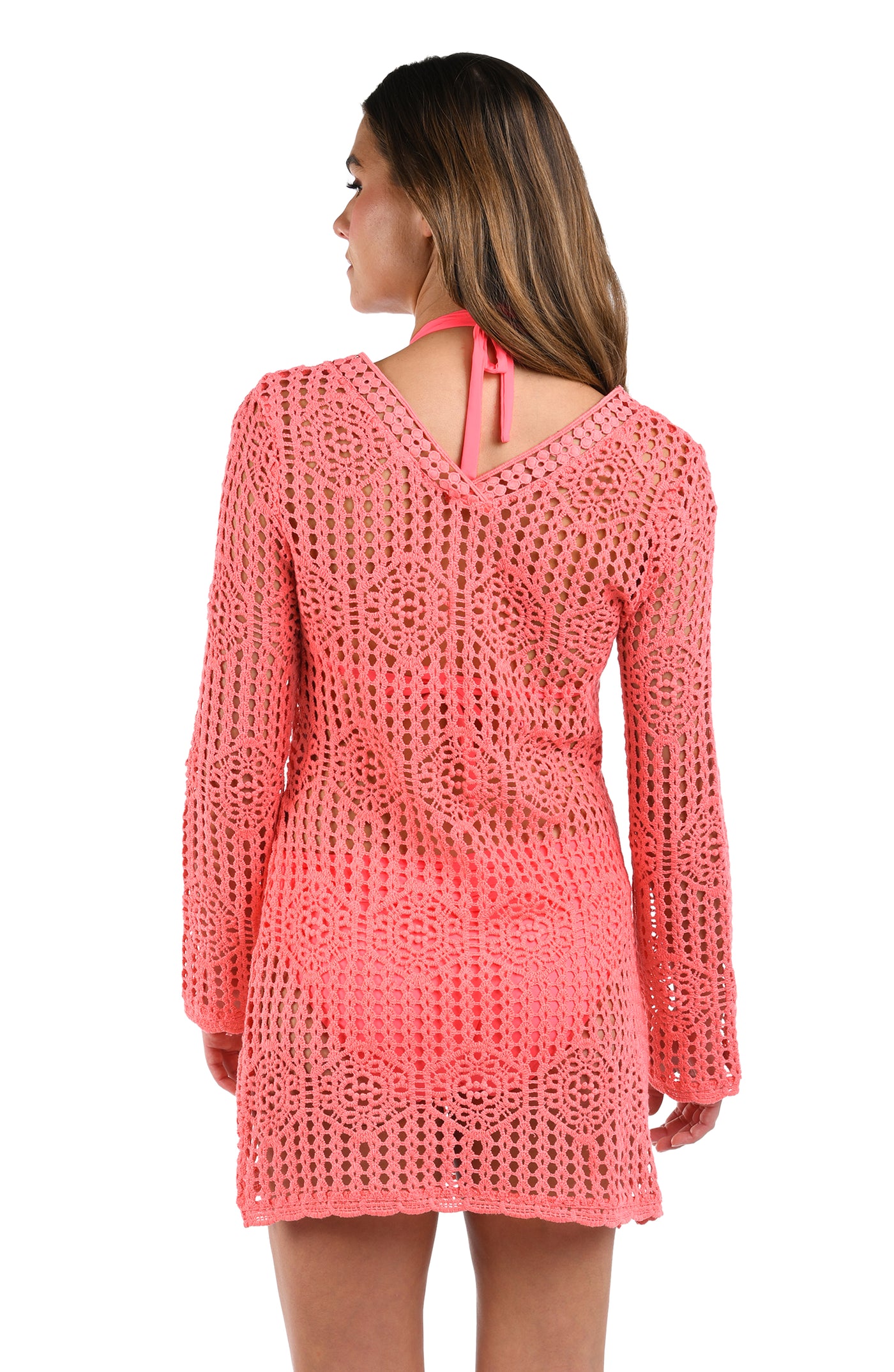 
                  
                    Back image of model wearing the Waverly Covers Crochet V-Neck Tunic Cover Up in Coral Reef.
                  
                