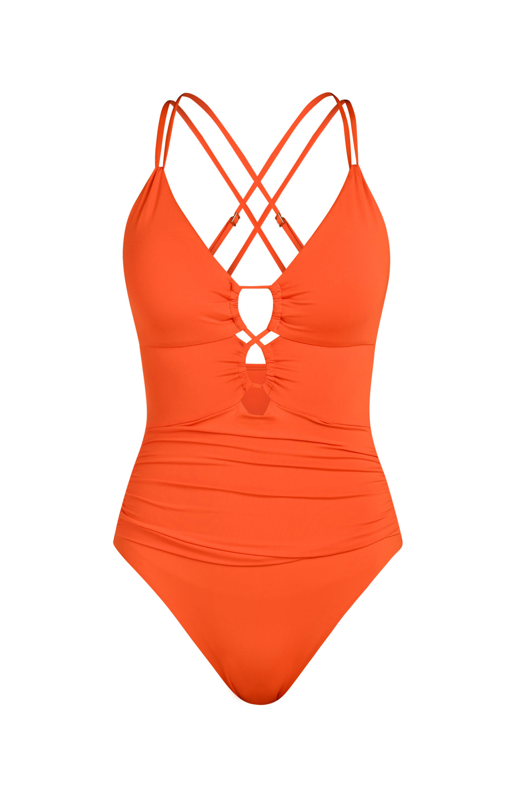 Floating image of a solid tangelo (orange) colored one piece swimsuit featuring a plunge neckline with triple keyhole cutouts and a ruched body. 