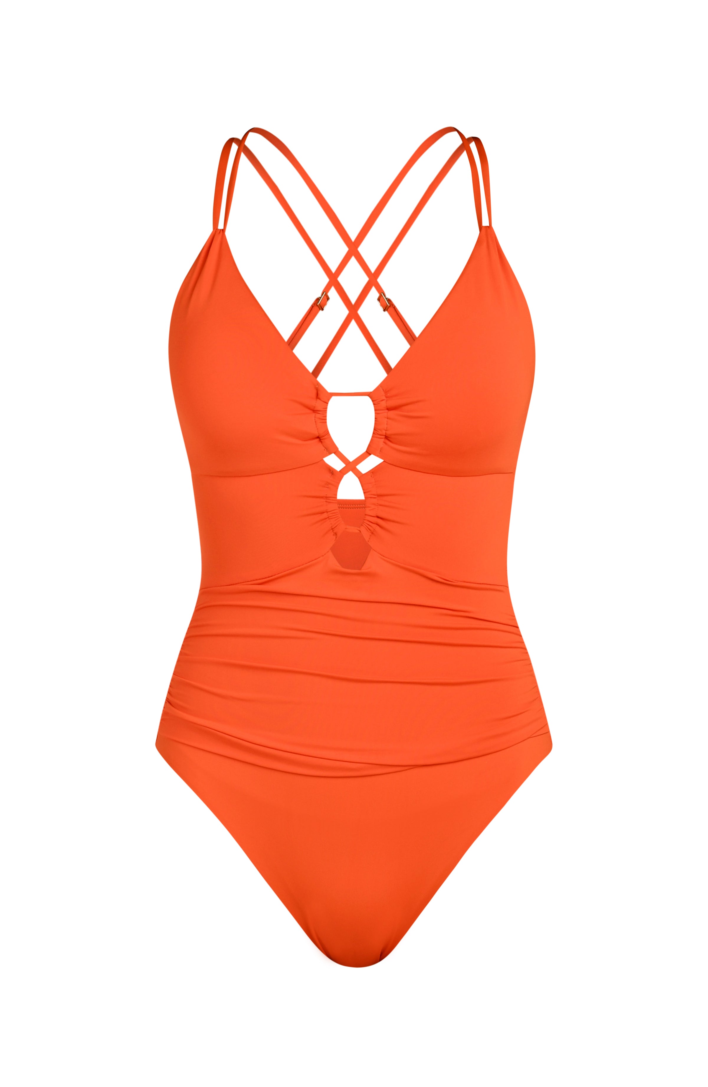 Floating image of a solid tangelo (orange) colored one piece swimsuit featuring a plunge neckline with triple keyhole cutouts and a ruched body. 