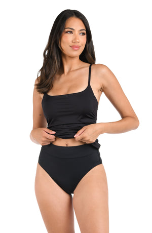 Model is wearing a black tankini swimsuit top from our Best-Selling Island Goddess collection.