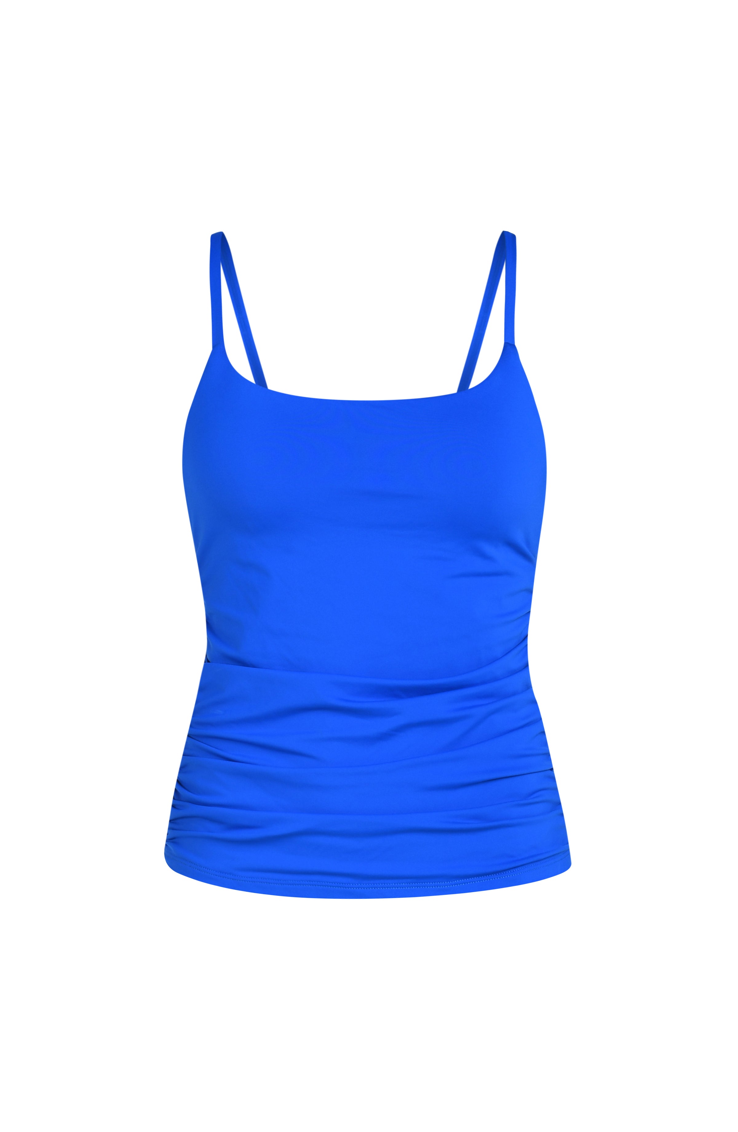 Floating image of a solid lapis (blue) colored tankini top featuring a scoop neckline, thin adjustable shoulder straps, and a ruched body. 