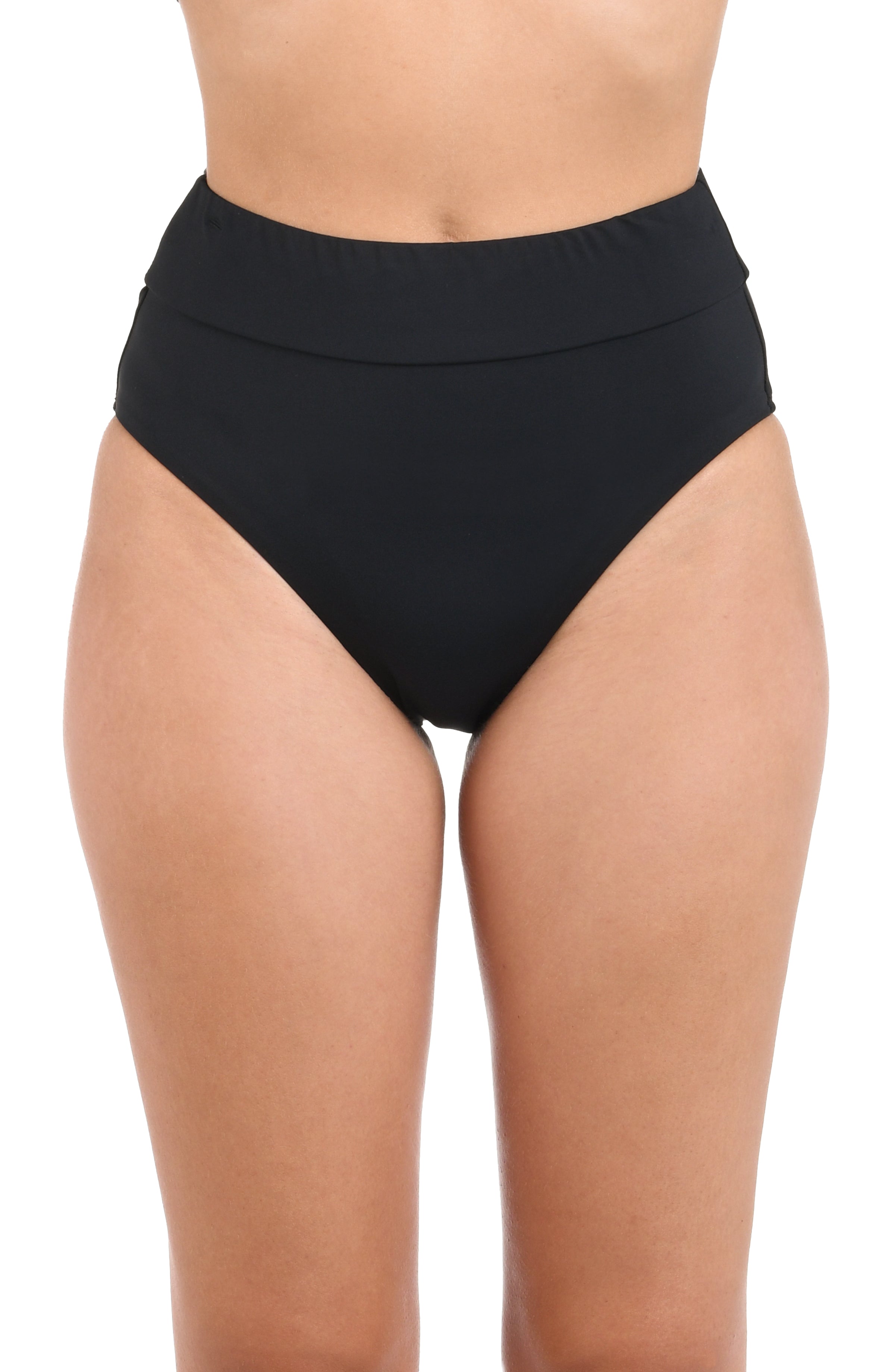 Model is wearing a black high waist swimsuit bottom from our Best-Selling Island Goddess collection.