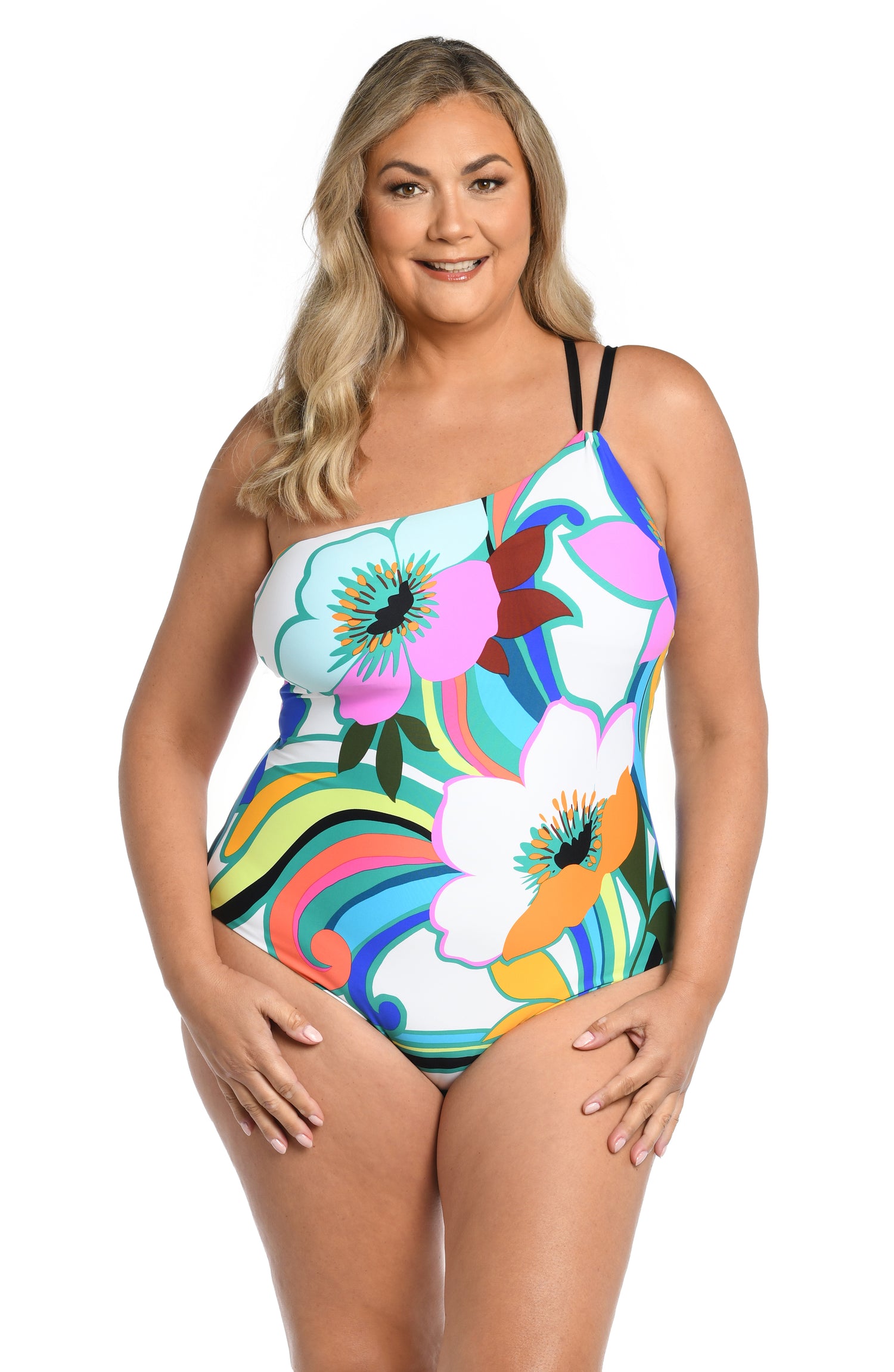 Model is wearing a multicolored bold floral printed lace back one shoulder one piece from our Sun Catcher collection. 