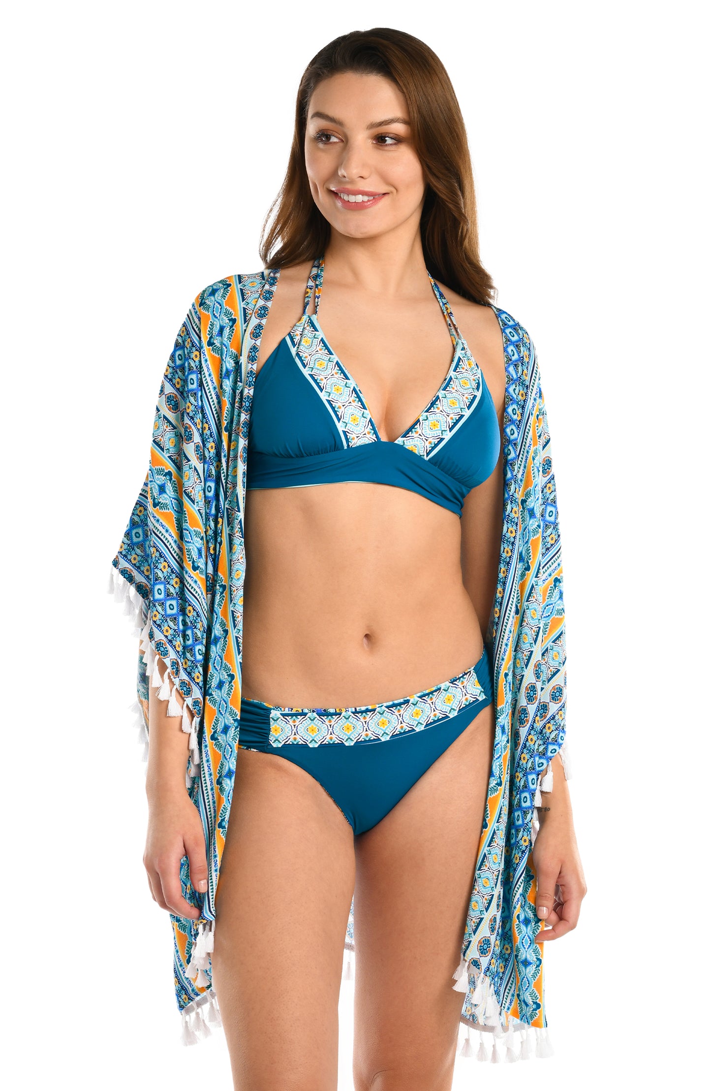 Model is wearing a blue multicolored mediterranean printed open front kimono cover up from our Scarf City collection.