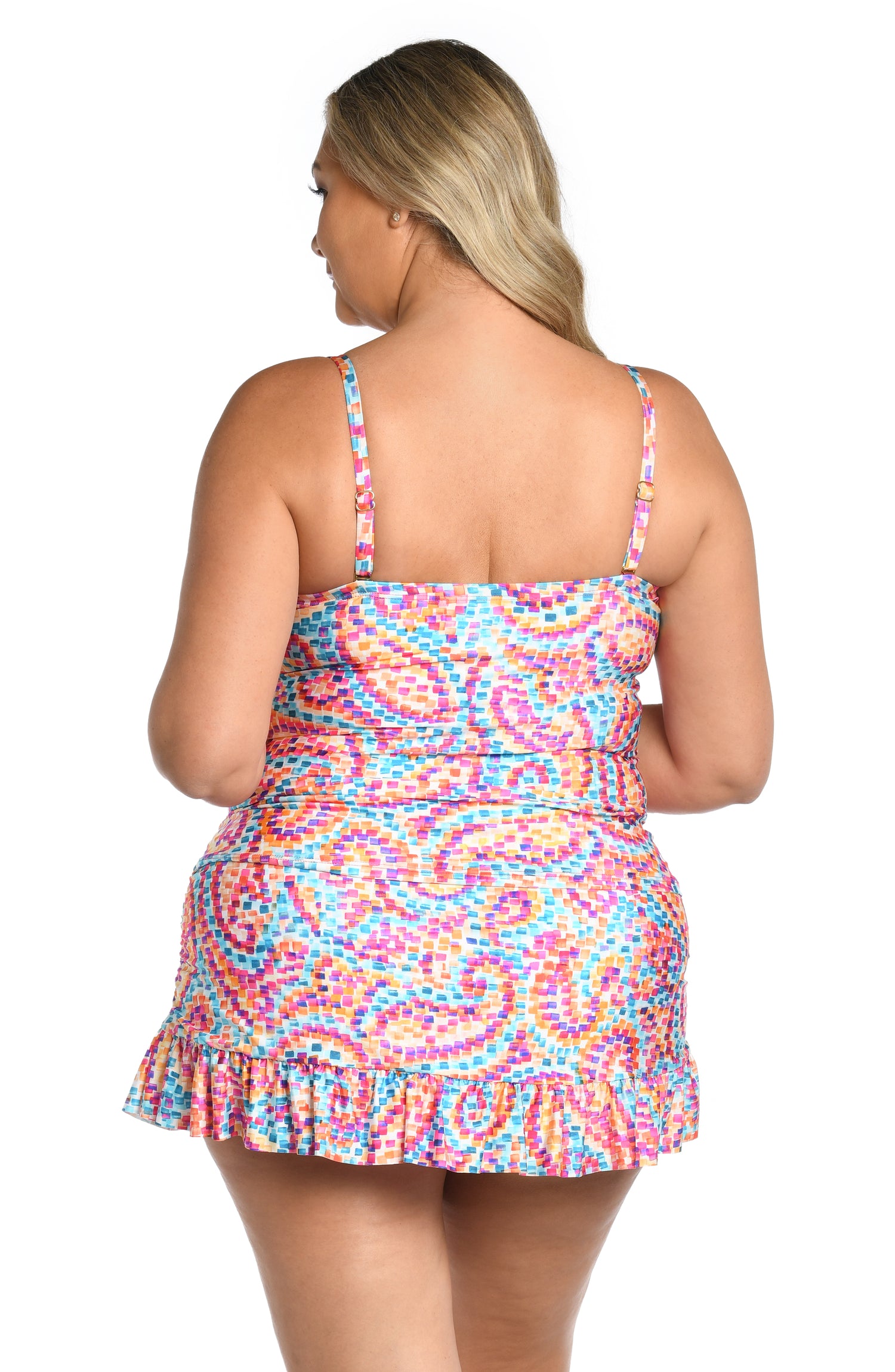 Model is wearing a pink multicolored paisley printed bandeau tankini top from our Pebble Beach collection.
