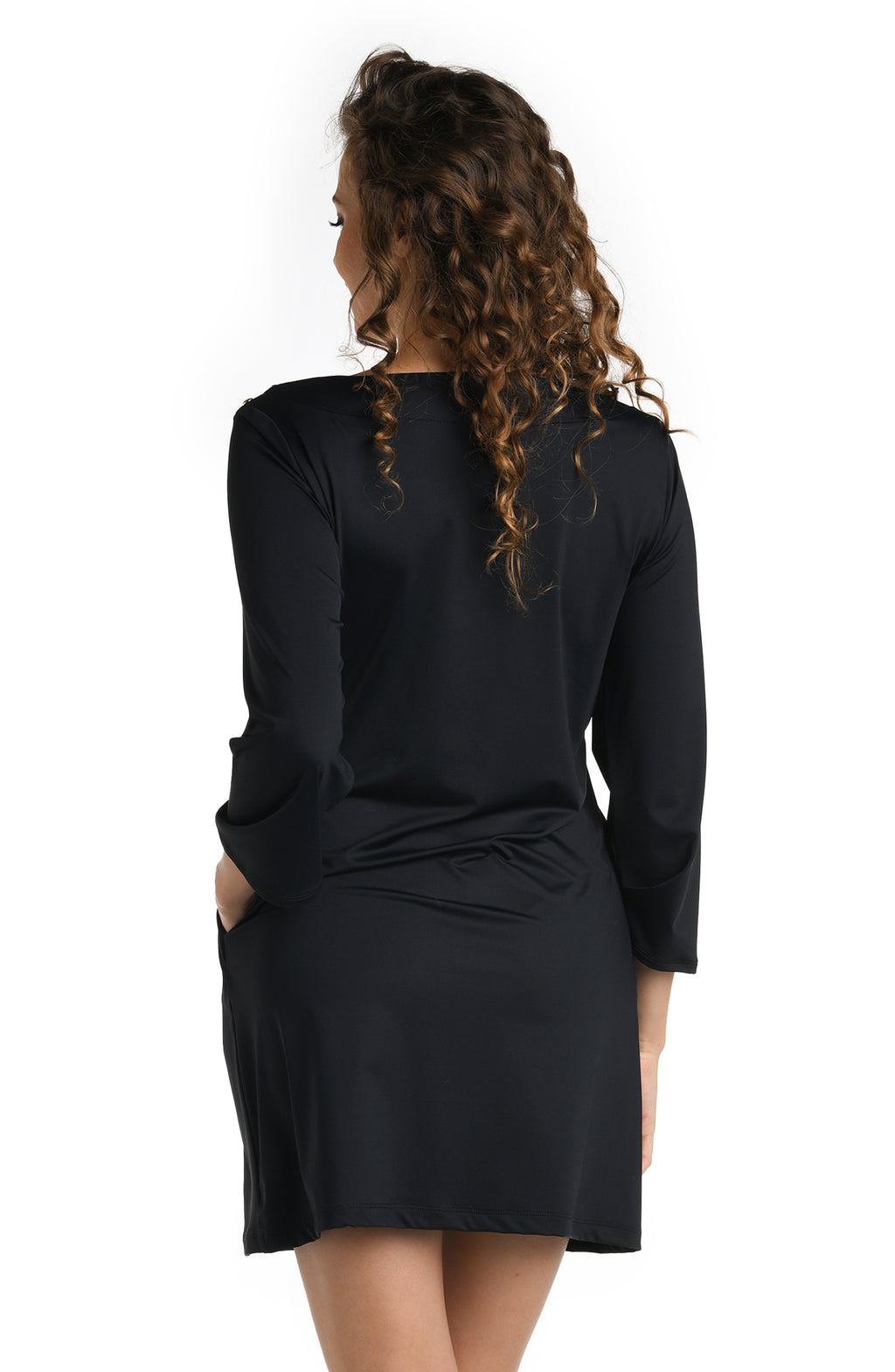 Model is wearing a multicolored Long Sleeve Mini Dress Swimsuit Cover Up