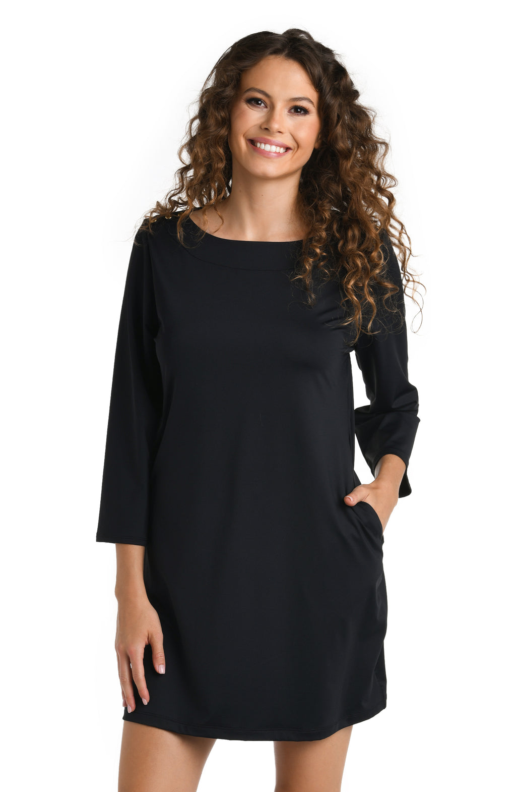 Model is wearing a multicolored Long Sleeve Mini Dress Swimsuit Cover Up