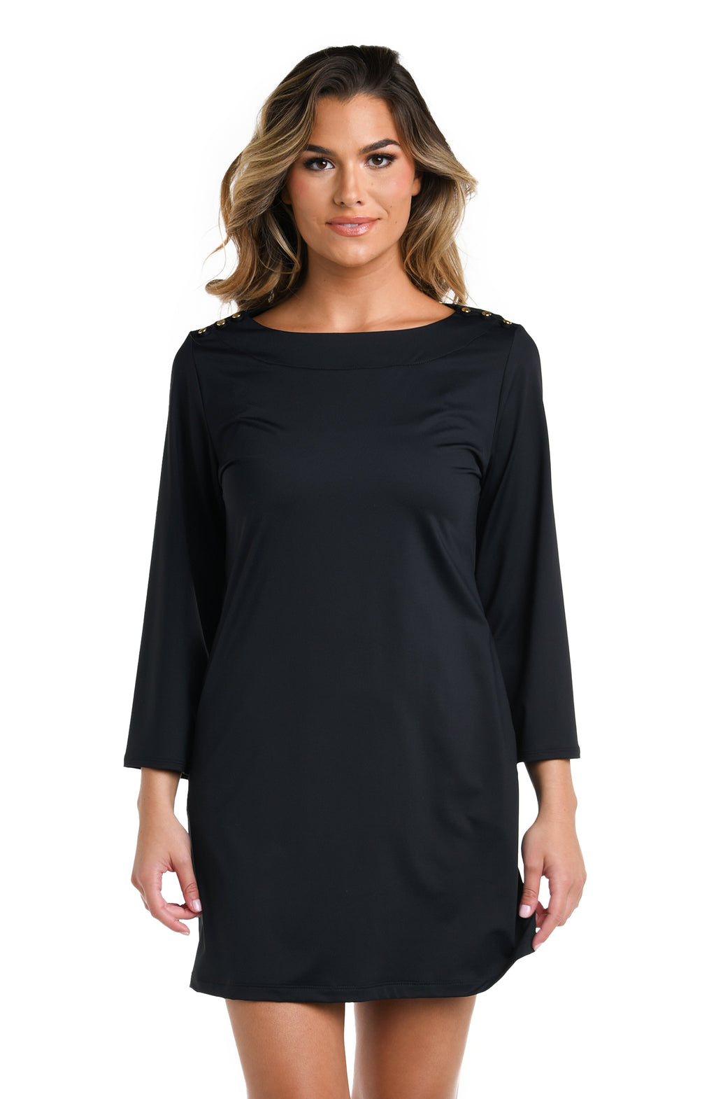 Model is wearing a black Long Sleeve Mini Dress Swimsuit Cover Up
