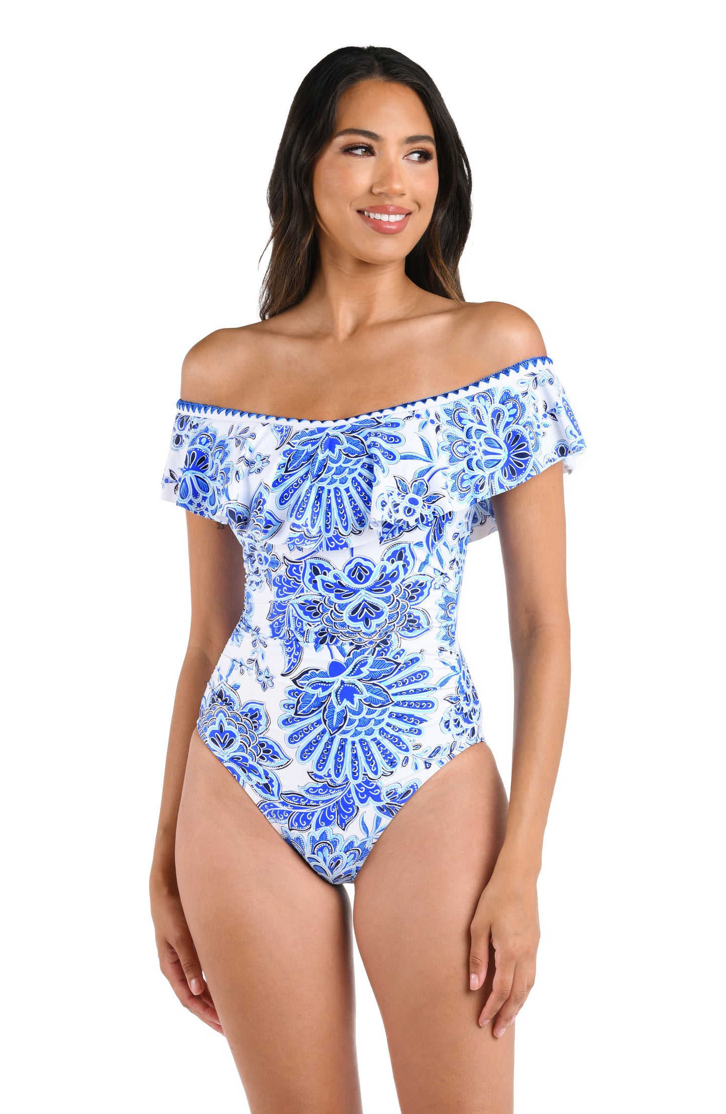 Model is wearing an indigo and white multicolored floral printed Off Shoulder Ruffle One Piece