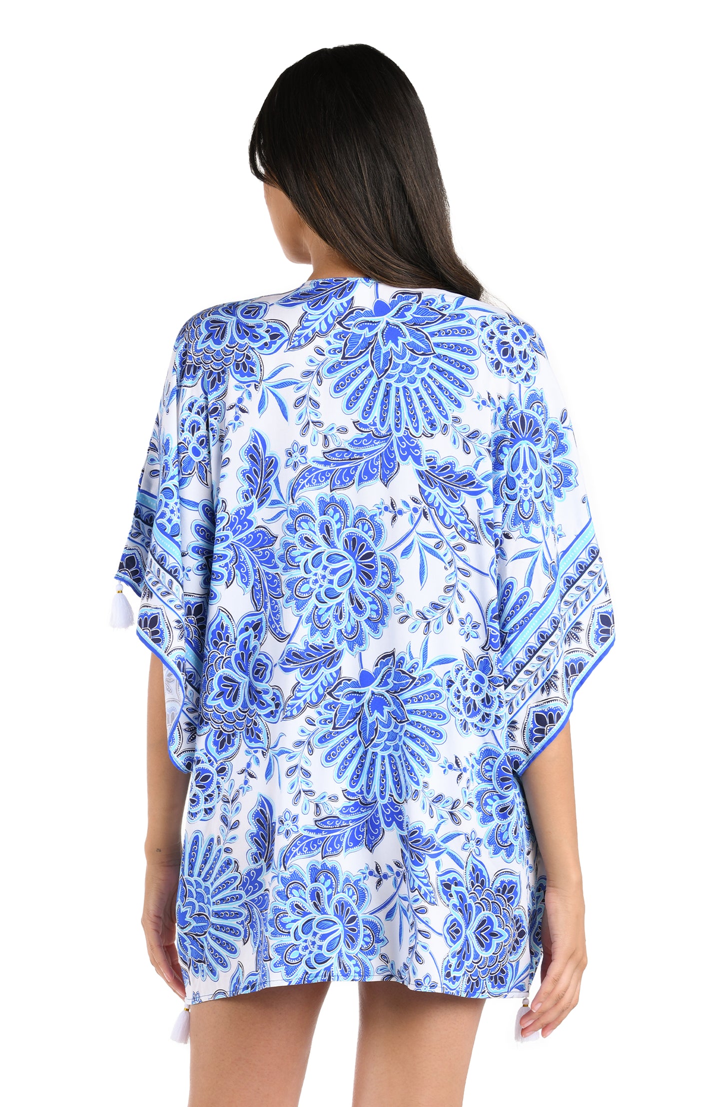 Model is wearing an indigo and white multicolored floral printed Kimono Cover Up