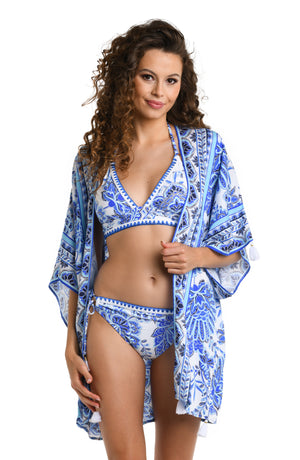 Model is wearing an indigo and white multicolored floral printedKimono Cover Up