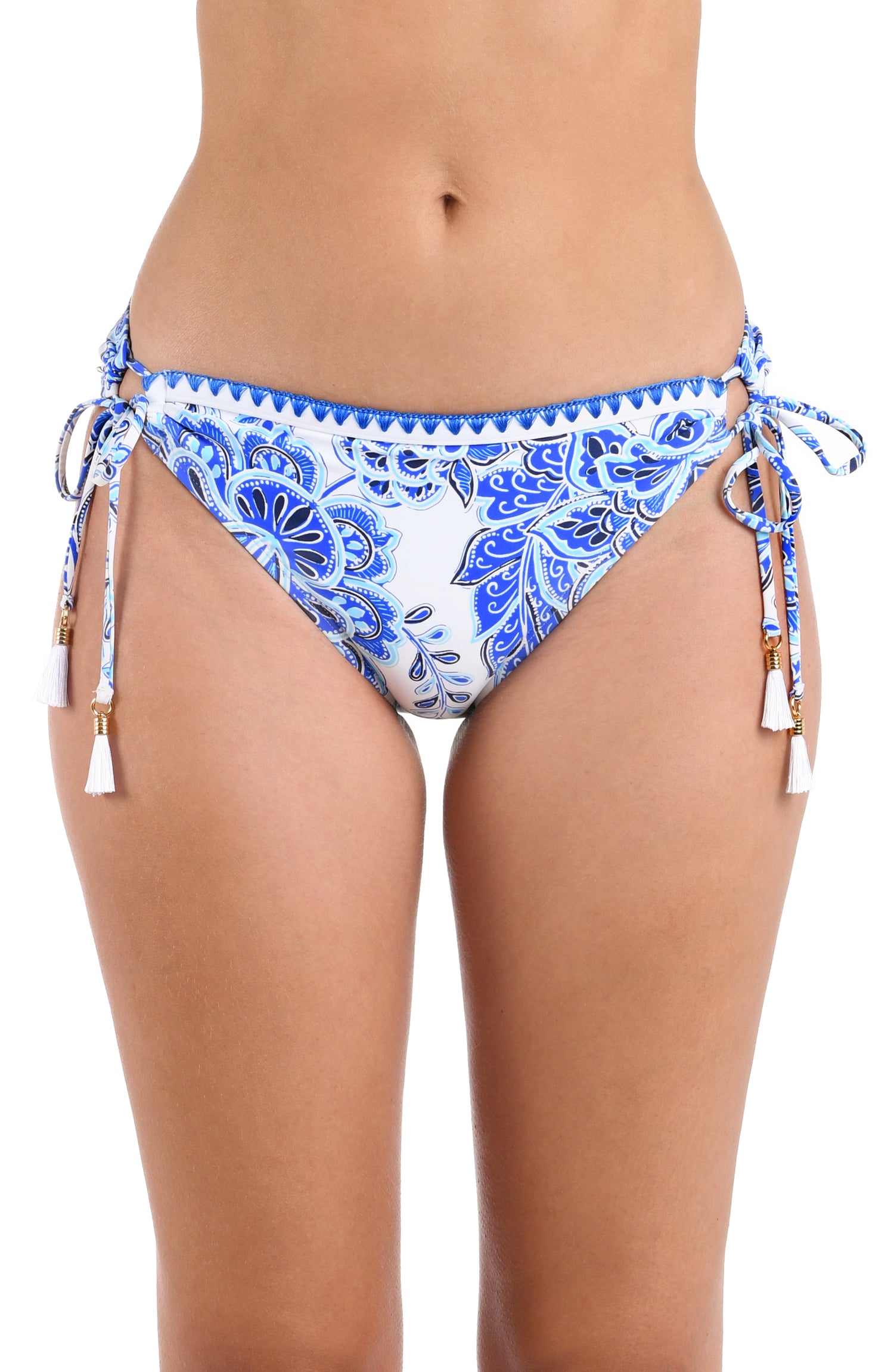 Model is wearing an indigo and white multicolored floral printed Side Tie Hipster Bottom