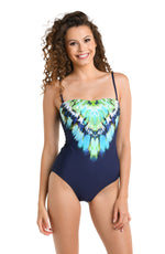 Model is wearing an indigo and blue tie-dye colored   Bandeau One Piece