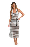 Front image of model wearing a black and white striped printed midi cover-up dress featuring over the shoulder straps and a tie front. 