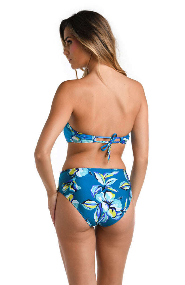 Model is wearing a multicolored Bandeau Bikini Swimsuit Top