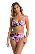 Model is wearing a multicolored Over The Shoulder Wrap Bikini Swimsuit Top