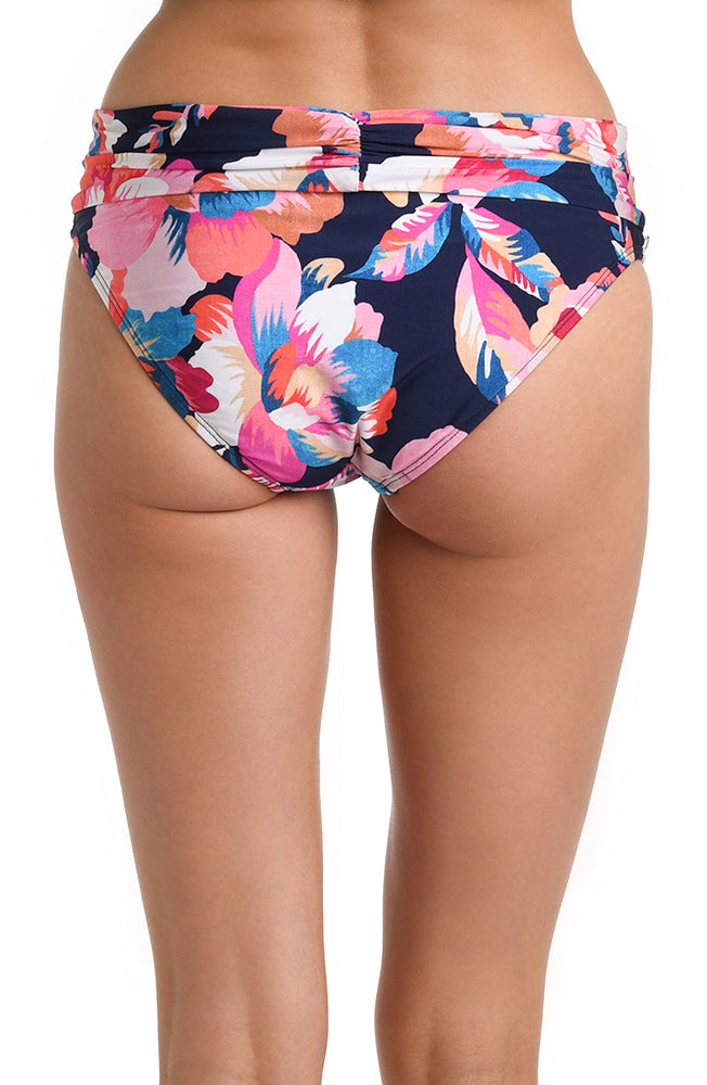 Model is wearing a multicolored Shirred Band Hipster Swimsuit Bottom