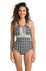 Model is wearing a multicolored High Neck One Piece Swimsuit