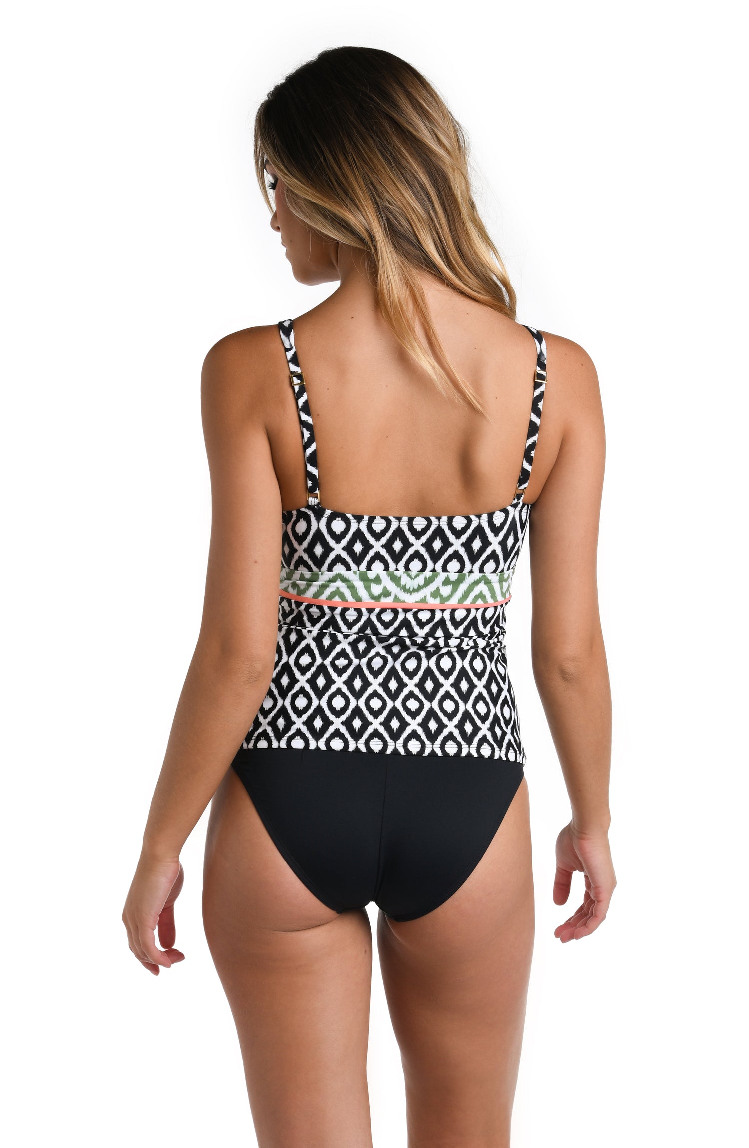 Model is wearing a multicolored Over The Shoulder Tankini Swimsuit Top