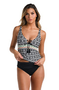 Model is wearing a multicolored Over The Shoulder Tankini Swimsuit Top