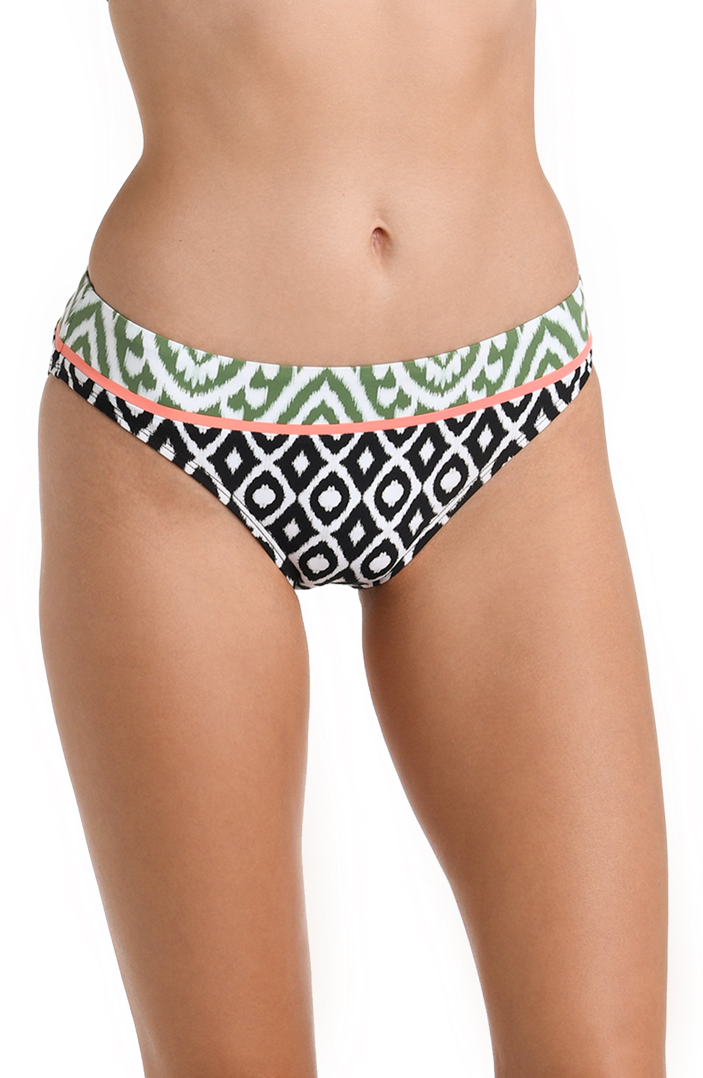 Model is wearing a multicolored Banded Hipster Bikini Swimsuit Bottom
