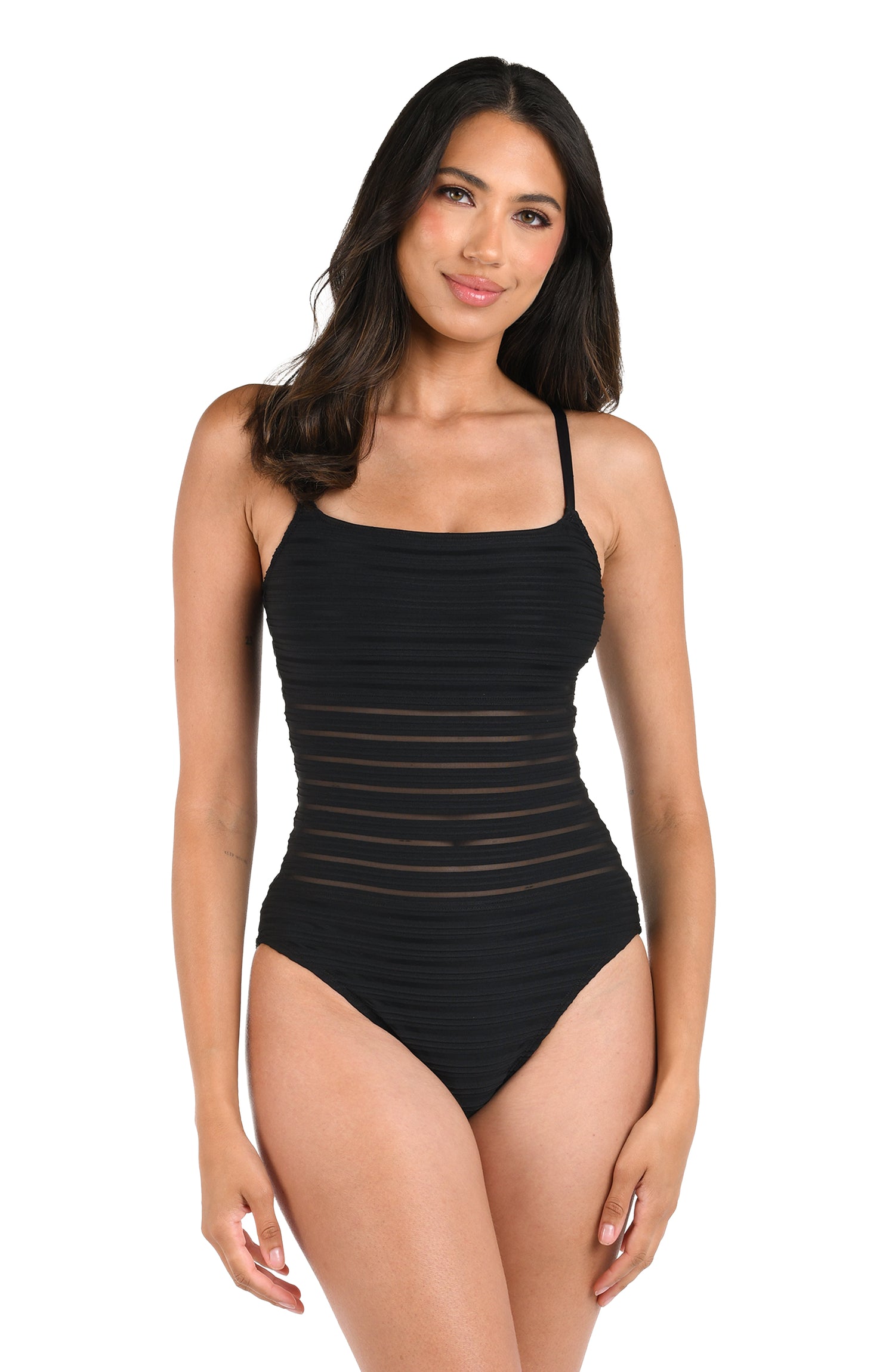 Model is wearing a black mesh Fluid Lines Lingerie One Piece Swimsuit