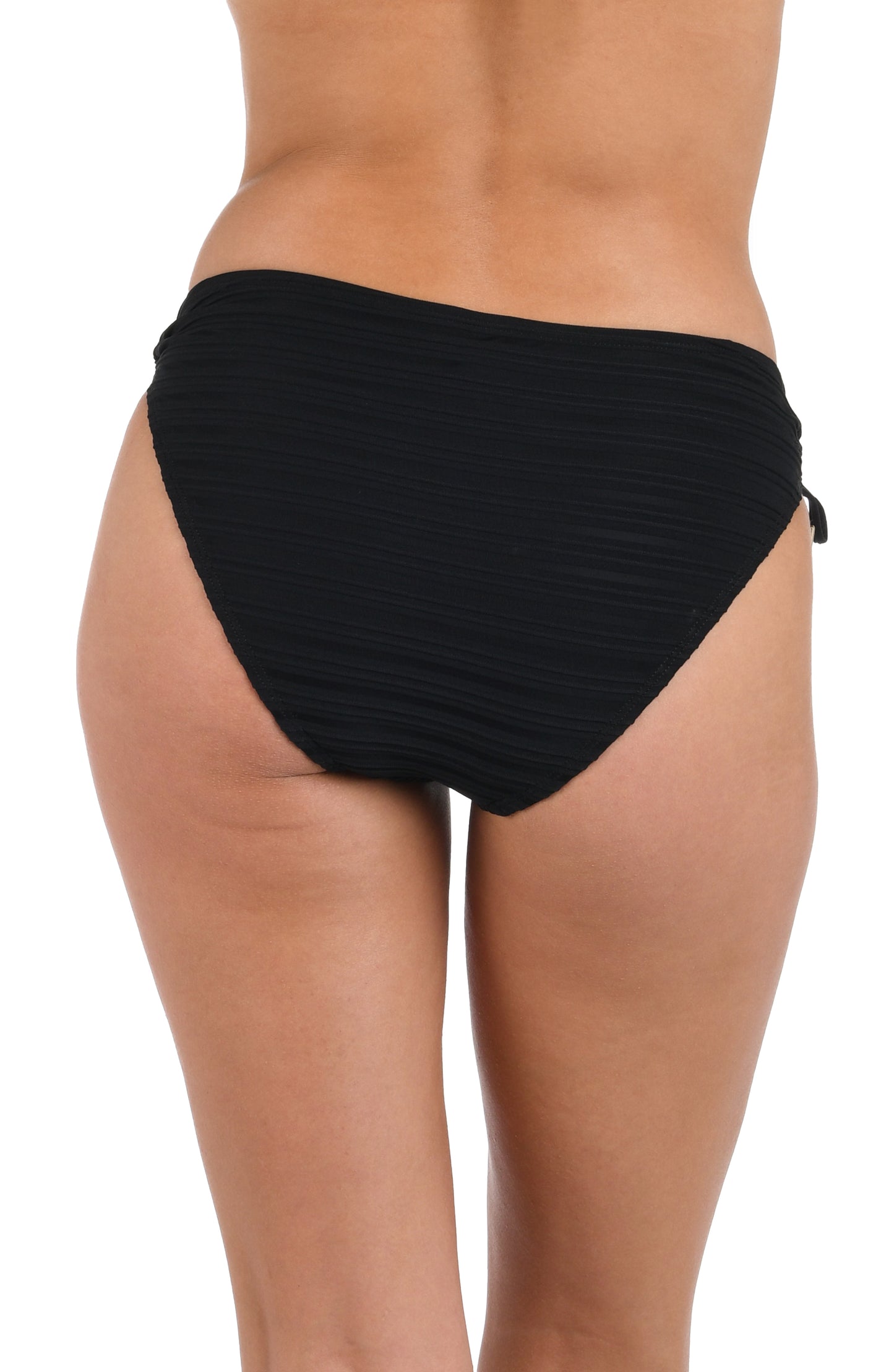 This is the back image of a model wearing a black mesh Fluid Lines Side Tie Hipster Swimsuit Bottom with moderate rear coverage.