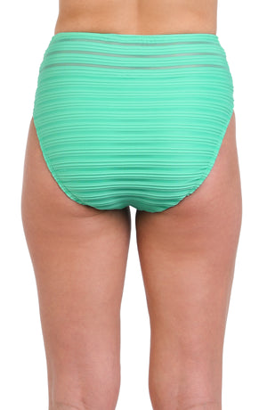 Model is wearing a textured seafoam green colored high-waist swimsuit bottom with clean textured horizontal lines.
