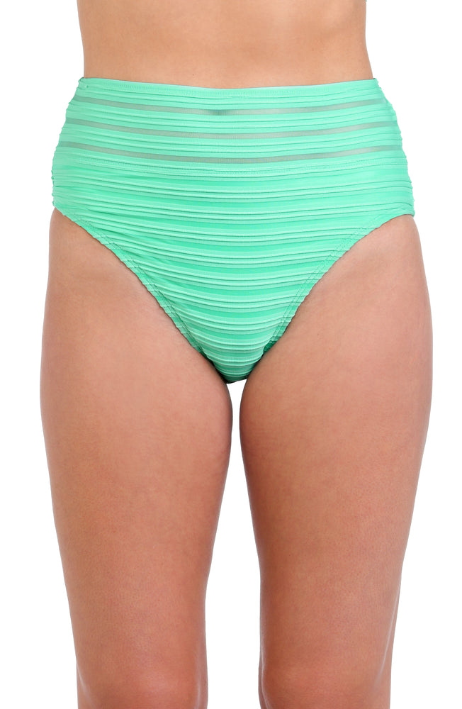 Model is wearing a textured seafoam green colored high-waist swimsuit bottom with clean textured horizontal lines.