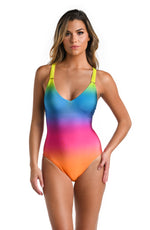 Model is wearing a multicolored Over The Shoulder One Piece Swimsuit