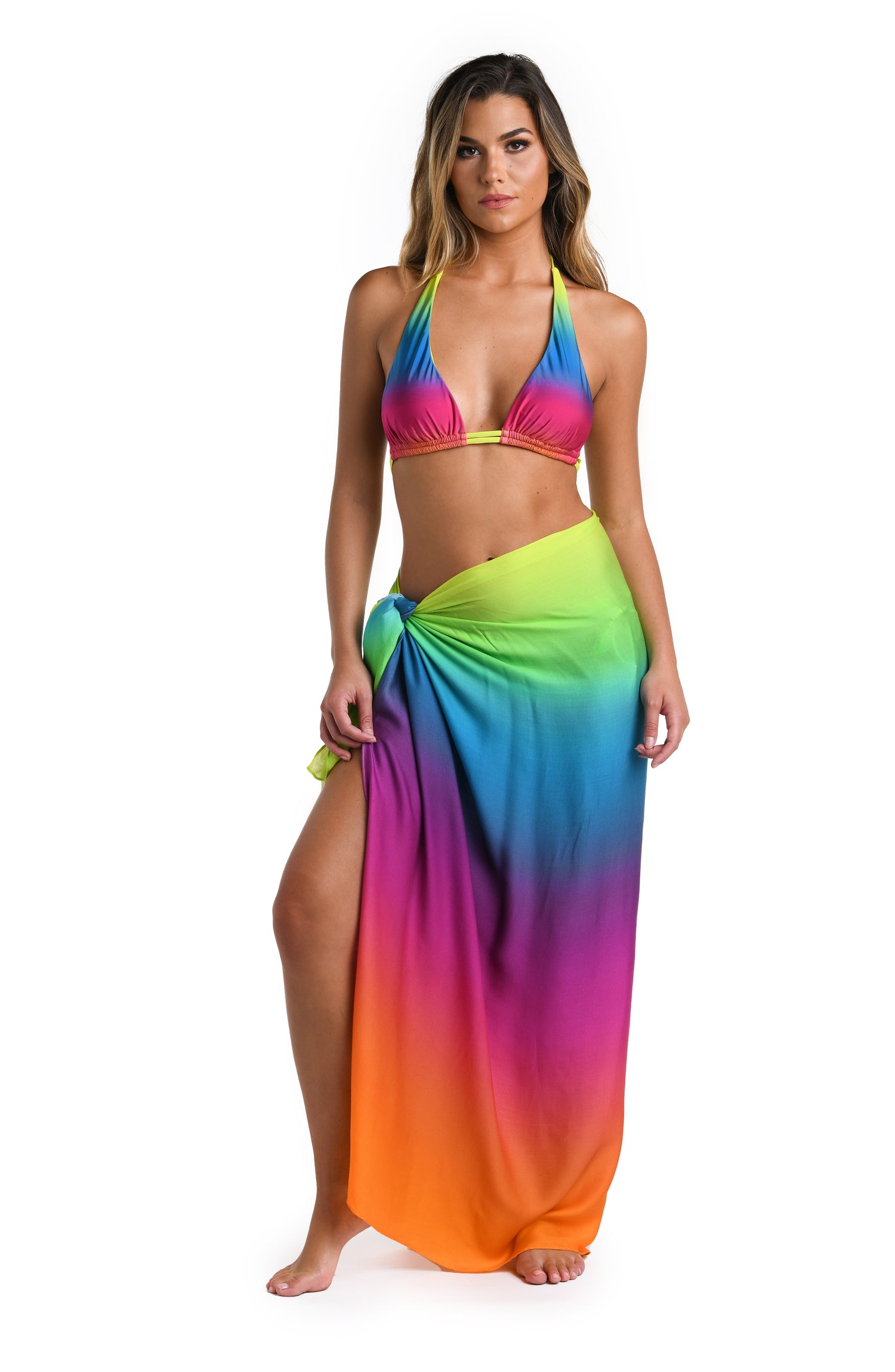 Model is wearing a multicolored Pareo Wrap Swimsuit Cover Up
