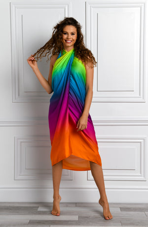 Model is wearing a multicolored Pareo Wrap Swimsuit Cover Up