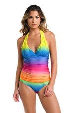 Model is wearing a multicolored V-Neck Halter Tankini Swimsuit Top