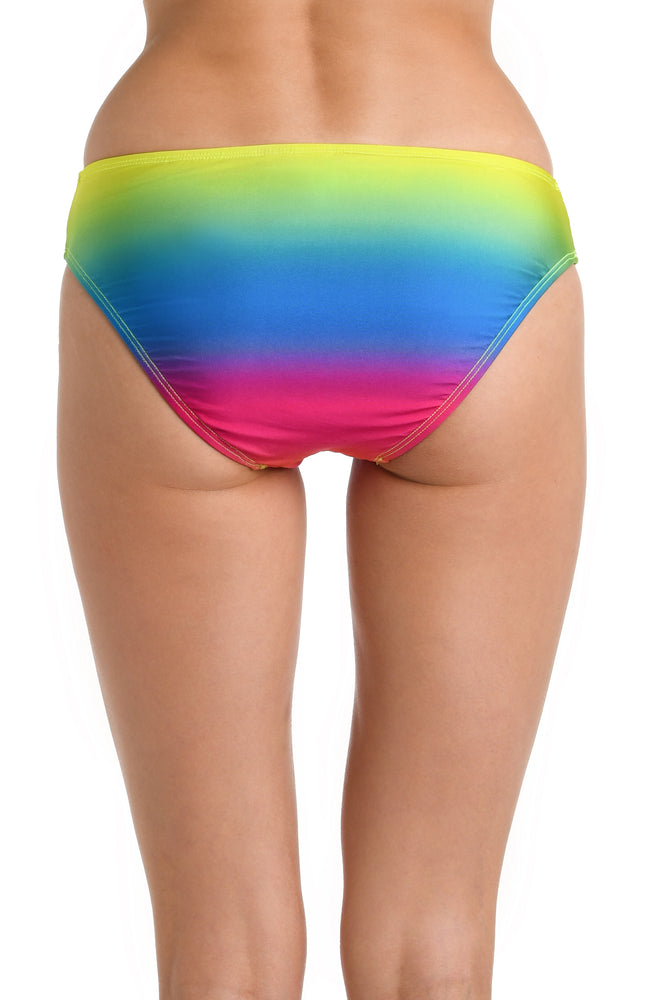 Model is wearing a multicolored Hipster Swimsuit Bottom