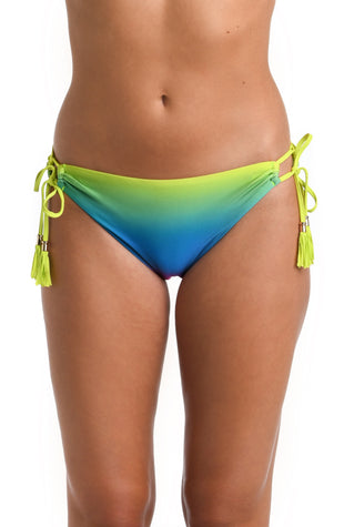 Model is wearing a multicolored Side Tie Hipster Swimsuit Bottom