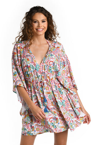 Model is wearing a multicolored V-Neck Caftan Swimsuit Cover Up